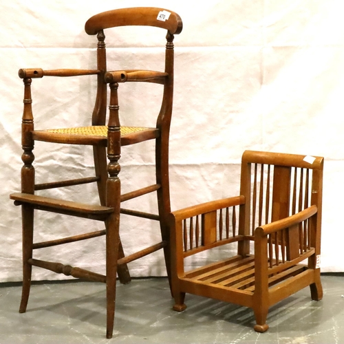 470 - Victorian childs high chair with Bergere seat panel (lacking tray) and a further walnut childs chair... 