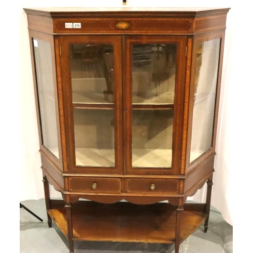 478 - An Edwardian two door display cabinet with two short drawers, under-shelf and velvet lined interior,... 