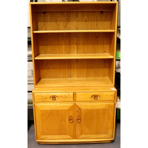 483 - Ercol Windsor light elm bookcase cabinet of two shelves, two drawers and two cupboard doors, 91 x 43... 