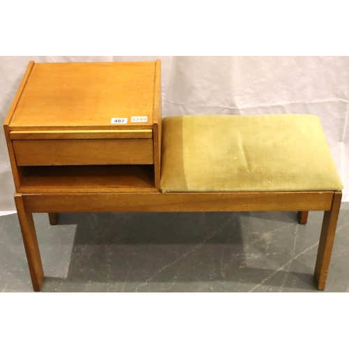 487 - Chippy mid 20th century teak telephone seat with memory slide and upholstered pad seat, 84 x 38 x 57... 