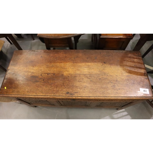 461 - An 18th century oak coffer with internal box, later carving and panelled sides, 114 x 43 x 58 cm H. ... 