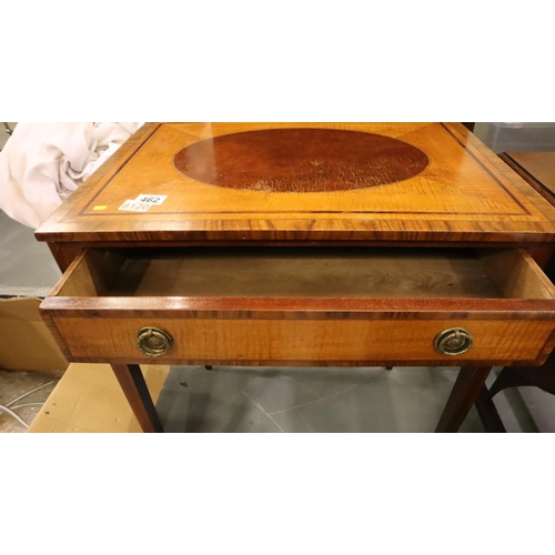 462 - Edwardian walnut single drawer lamp table, quarter veneered and crossbanded, raised on tapering supp... 