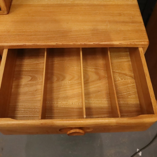 482 - Ercol Windsor light elm amalgamated wall unit of two small sideboards and a glazed two door display ... 