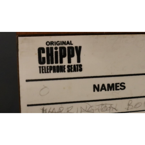 487 - Chippy mid 20th century teak telephone seat with memory slide and upholstered pad seat, 84 x 38 x 57... 