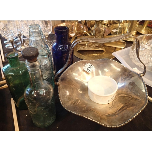 1235 - Silver plated fruit dish and a quantity of vintage bottles. Not available for in-house P&P, contact ... 