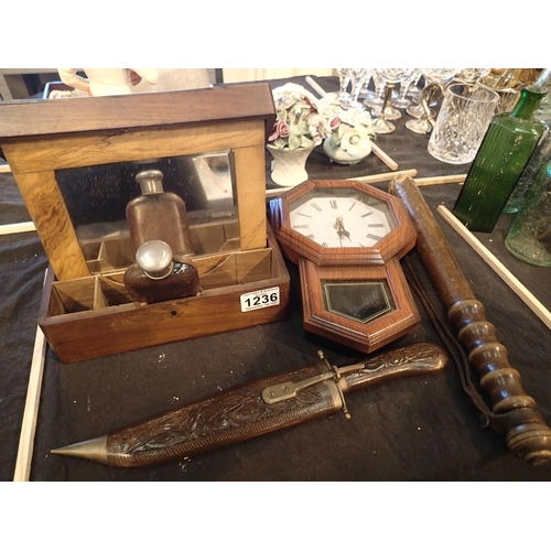 1236 - Wooden items wash box with mirror, faux wood clock, a carved Indian knife etc. Not available for in-... 