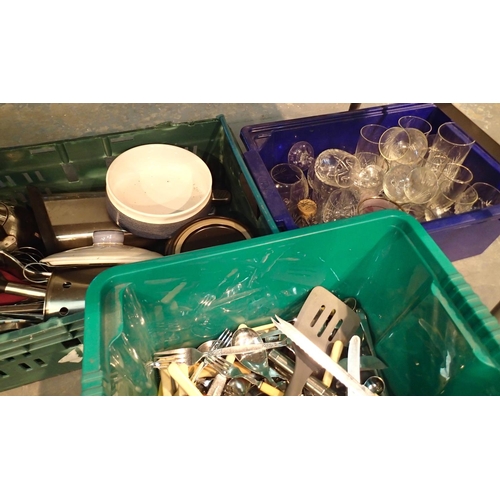 1259 - Three boxes of mixed items to include cutlery and glassware, ceramics etc. Not available for in-hous... 