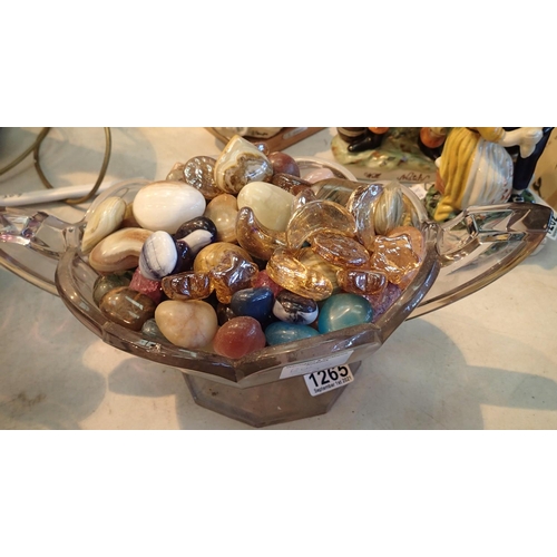 1265 - Twin handled glass bowl filled with various stones. Not available for in-house P&P, contact Paul O'H... 