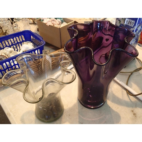 1266 - Two large vases with shaped tops. Small chips to base of clear glass, no loss of colour to purple ex... 