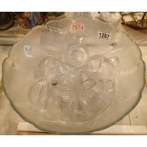 1287 - Glass punch bowl with matching cups and ladle. Not available for in-house P&P, contact Paul O'Hea at... 