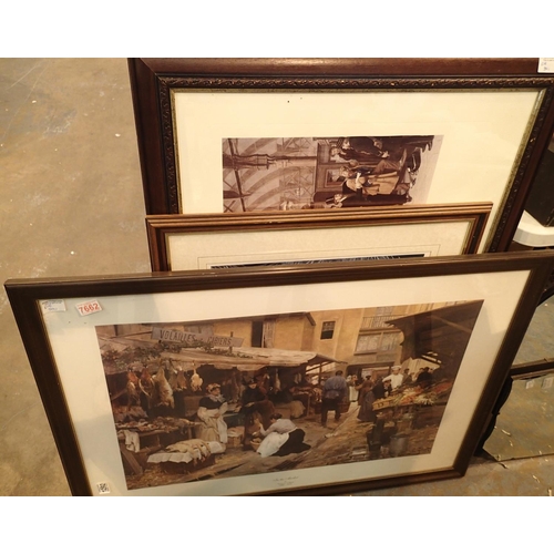 1292 - Three large framed and glazed prints including The Railway Station, 70 x 30 cm. Not available for in... 