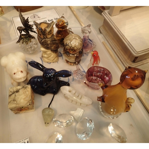 1304 - Tray of glass, onyx and soap stone figurine's also paper weights. Not available for in-house P&P, co... 