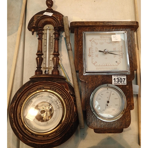 1307 - Art Deco style barometer and temperature gauge and a carved banjo barometer. Not available for in-ho... 