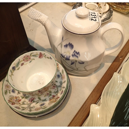 1312 - Royal Doulton Minerva pattern tea pot and two saucers and three pieces of Minton Haddon Hall. Not av... 