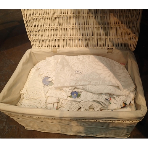 1336 - Wicker basket with linen contents. Not available for in-house P&P, contact Paul O'Hea at Mailboxes o... 