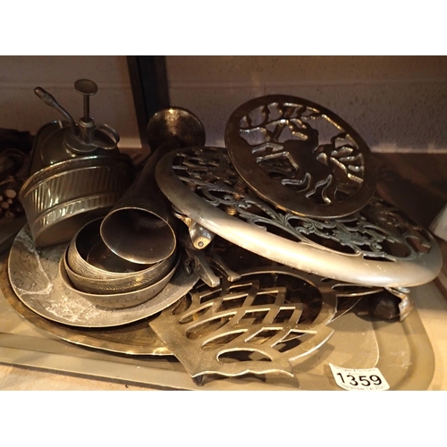 1359 - A selection of brassware including three trivets. Not available for in-house P&P, contact Paul O'Hea... 