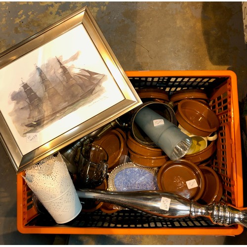 1388 - Box of mixed items to include terracotta dishes, glasses metal ware, etc. Not available for in-house... 