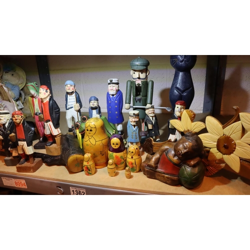 1362 - Collection of wooden figurines, two shillelaghs and Russian nesting dolls. Not available for in-hous... 