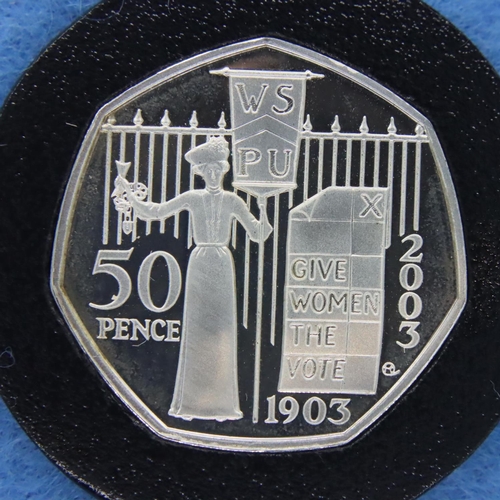 3054 - 2003 encapsulated silver proof uncirculated piedfort 50p coin; Womens Political Union. P&P Group 1 (... 