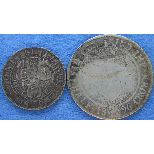 3066 - 1898 silver shilling of Queen Victoria, with a worn 1896 half crown. P&P Group 1 (£14+VAT for the fi... 