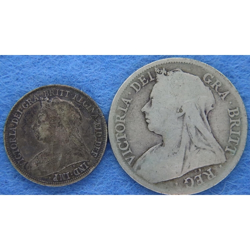 3066 - 1898 silver shilling of Queen Victoria, with a worn 1896 half crown. P&P Group 1 (£14+VAT for the fi... 