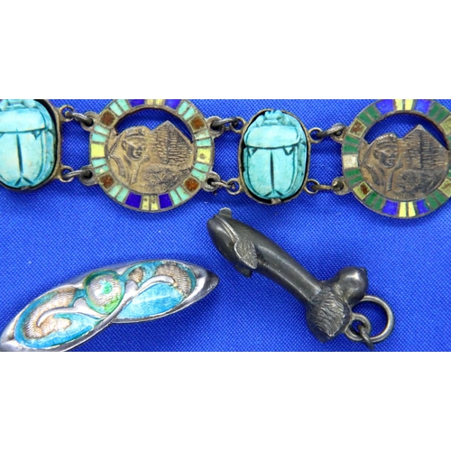 38 - Silver and enamel brooch, phallic pendant and an enamelled bracelet. P&P Group 1 (£14+VAT for the fi... 