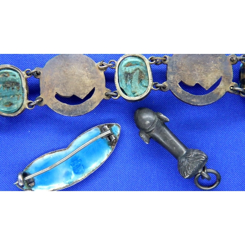 38 - Silver and enamel brooch, phallic pendant and an enamelled bracelet. P&P Group 1 (£14+VAT for the fi... 