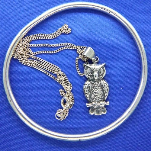 48 - Sterling silver bangle, owl pendant and neck chain, combined 26.8g. P&P Group 1 (£14+VAT for the fir... 