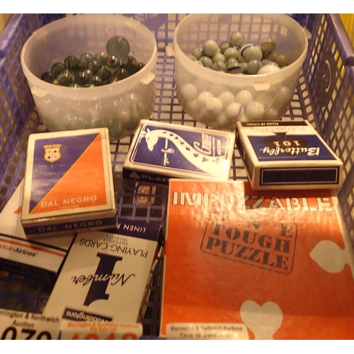 1079 - Two tubs of marbles and five packs of playing cards. Not available for in-house P&P, contact Paul O'... 