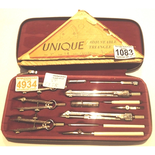 1083 - Complete cased drawing set and vintage architects unique adjustable triangle. P&P Group 1 (£14+VAT f... 