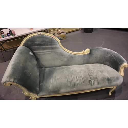 497 - A 19th century chaise lounge, the carved frame more recently painted and reupholstered, 200 x 90 x 1... 