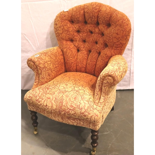 504 - Modern upholstered button back armchair with some fading, H: 94 cm. Not available for in-house P&P, ... 