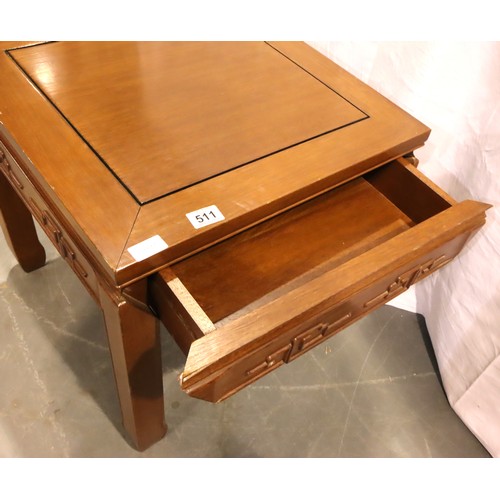 511 - Oriental hardwood lamp table with two drawers, 50 x 50 cm. Not available for in-house P&P, contact P... 