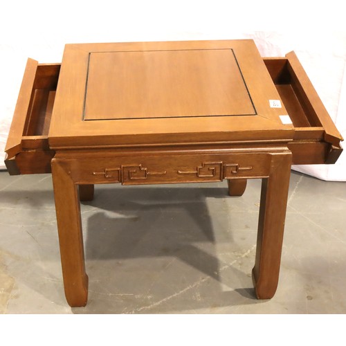 511 - Oriental hardwood lamp table with two drawers, 50 x 50 cm. Not available for in-house P&P, contact P... 