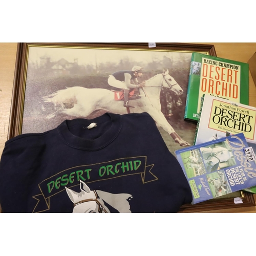 3120 - Simon Sherwood on desert orchid, a 1989 double signed publicity shot, framed, with jockeys sweater a... 