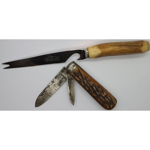 3123 - Antler handled twin blade Sheffield folding knife and a further knife. Not available for in-house P&... 