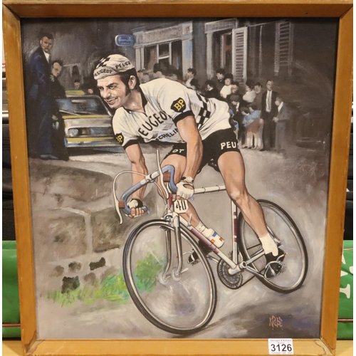 3126 - Oil on board of Eddie Merckx in his pre 1976 Peugeot kit, 50 x 46cm, signed Kruse. P&P Group 3 (£25+... 