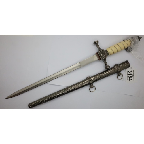 3154 - WWI Imperial German Navy replica dagger with ivory style wired grip and plannished metal scabbard. P... 