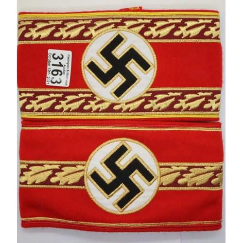 3163 - Two museum quality replica embordered third Reich political leaders armbands of multi-fabric constru... 