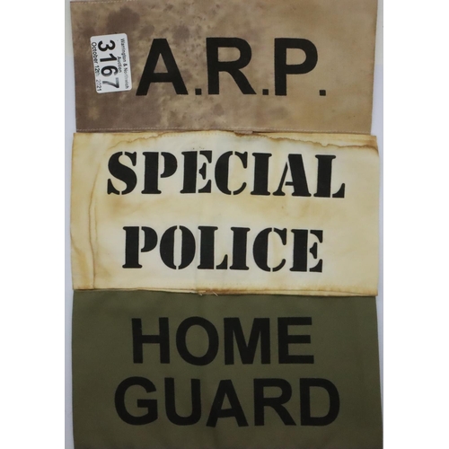 3167 - Home front interest; three aged replica printed cotton armbands; ARP, Special Police and Home Guard.... 