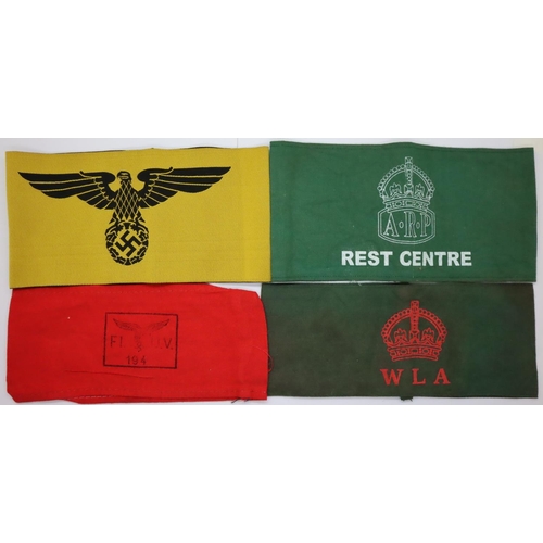 3172 - Four printed / embroidered cotton replica WWII armbands, Two German, two British home front. P&P Gro... 