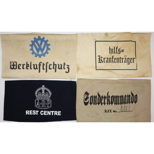 3174 - Four aged reproduction WWII printed cotton armbands, three German one British ARP. P&P Group 1 (£14+... 