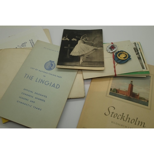 3114A - Attendee pack including badges and programmes for the Stockholm 1949 Lingiad Gymnastics Exposition. ... 