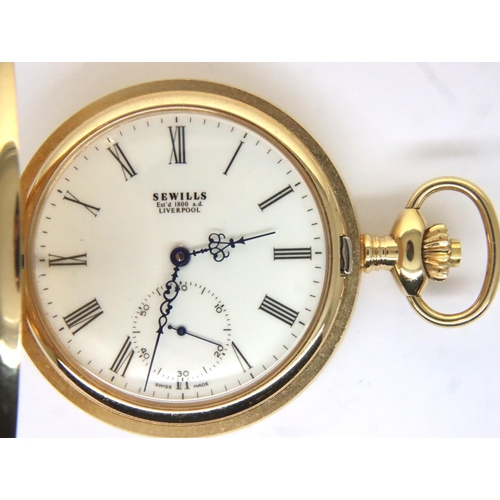118 - Full hunter Sewells; gold plated Liverpool crown wind pocket watch, worn. P&P Group 1 (£14+VAT for t... 
