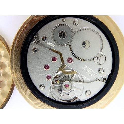 118 - Full hunter Sewells; gold plated Liverpool crown wind pocket watch, worn. P&P Group 1 (£14+VAT for t... 