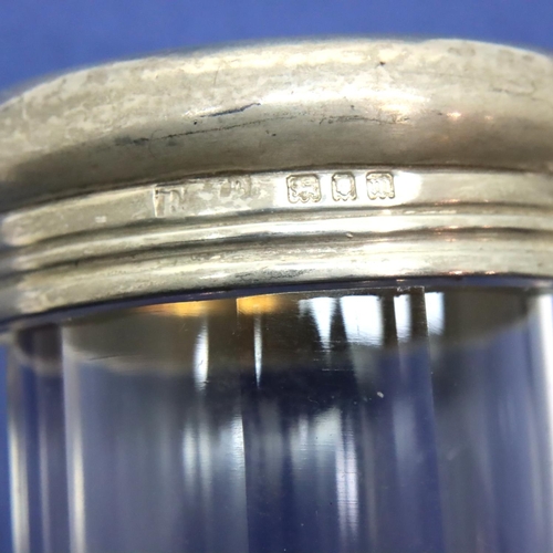 152 - Cut glass silver topped atomiser, two scent bottles with silver collars, two glass jars with silver ... 