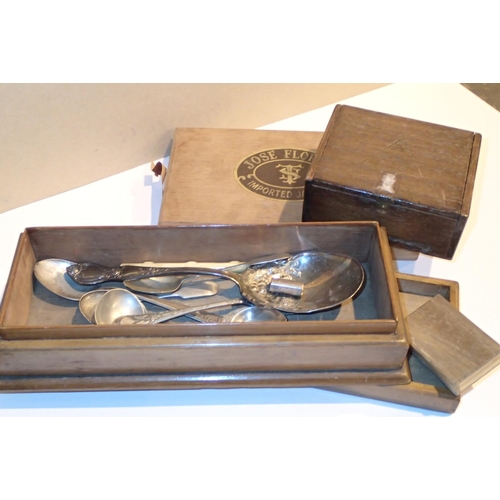 1116 - Four antique wooden boxes and a small quantity of silver plated flatware. Not available for in-house... 