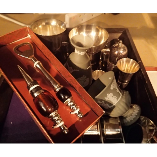 1144 - Box of mixed ceramics and silver plate to include Wedgwood. Not available for in-house P&P, contact ... 