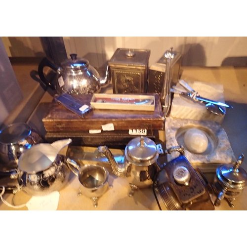 1158 - Mixed metalware including cased flatware, miniature silver plated tea set, brass Coronation tea cadd... 