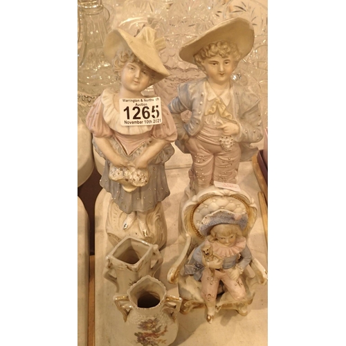 1265 - Three continental bisque hand painted figurines and two miniature vases. No visible cracks or chips ... 